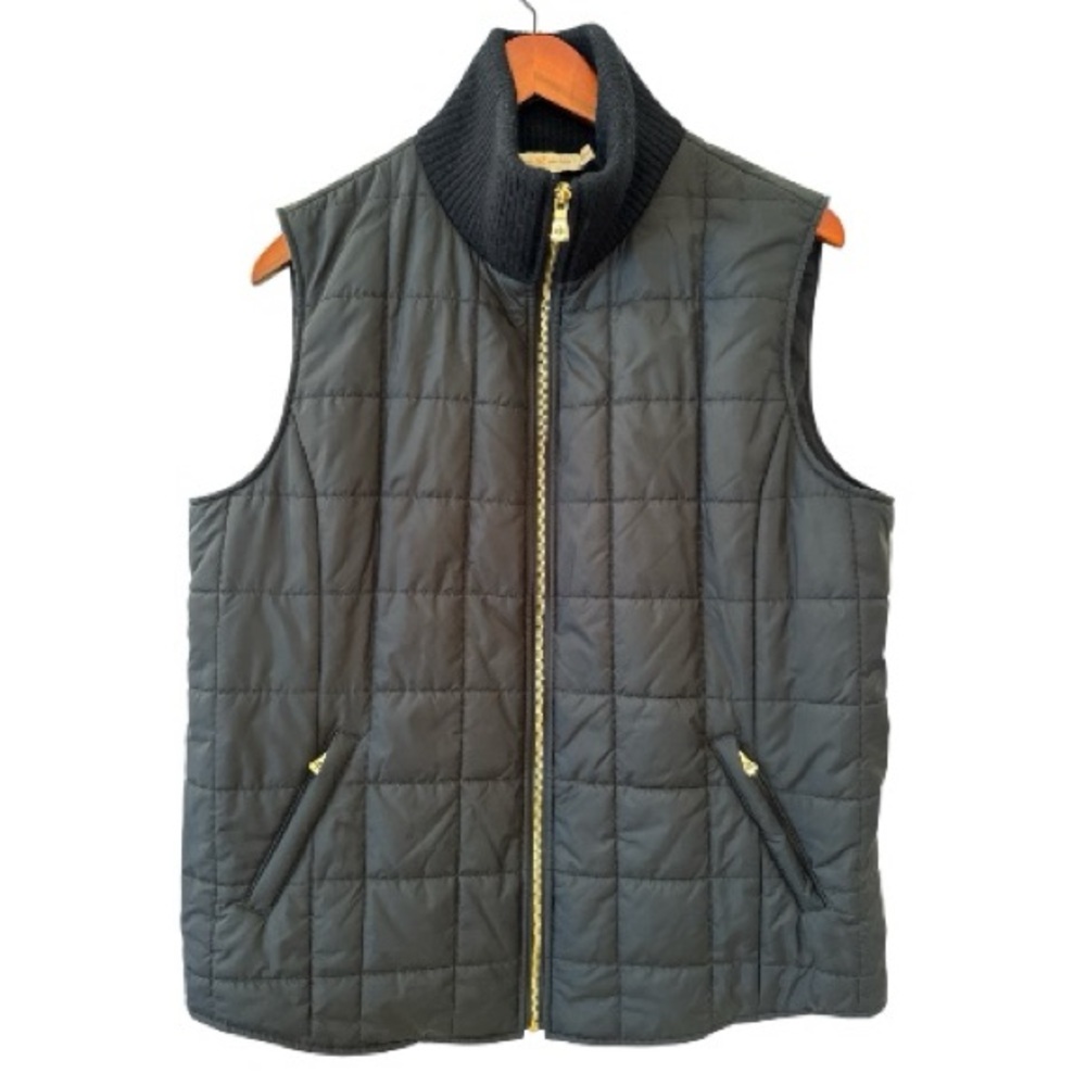 Tory Burch Black with Gold Tory Logo Zippers Quilted Women’s Size XL Black Vest